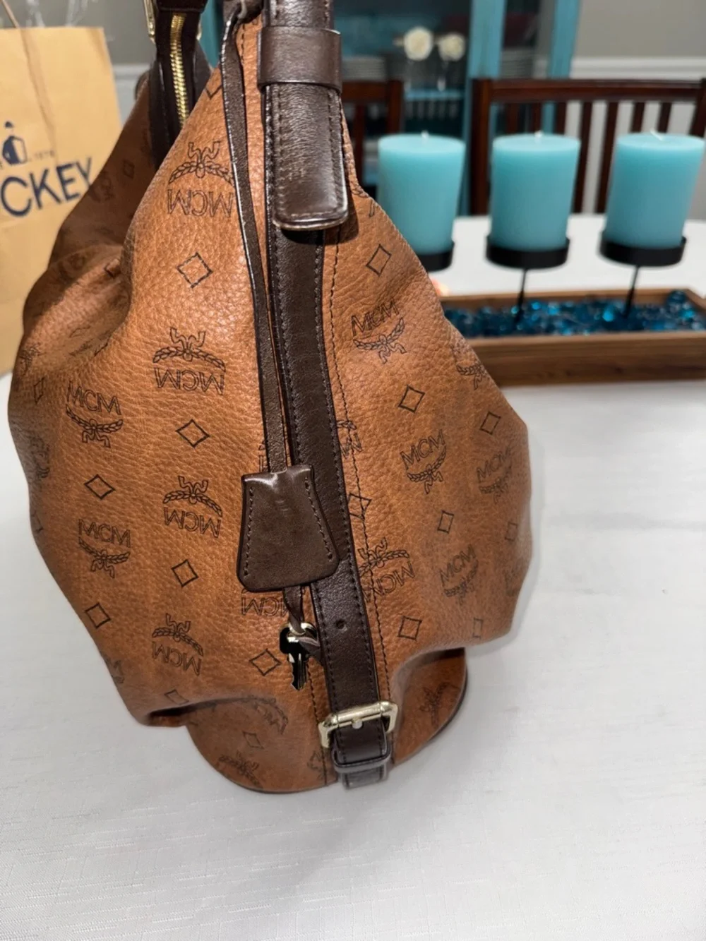 MCM MCM Visetos Hobo Bag Cognac Brown Logo-Print Shoulder Bag - EUC - Picture 9 of 13
